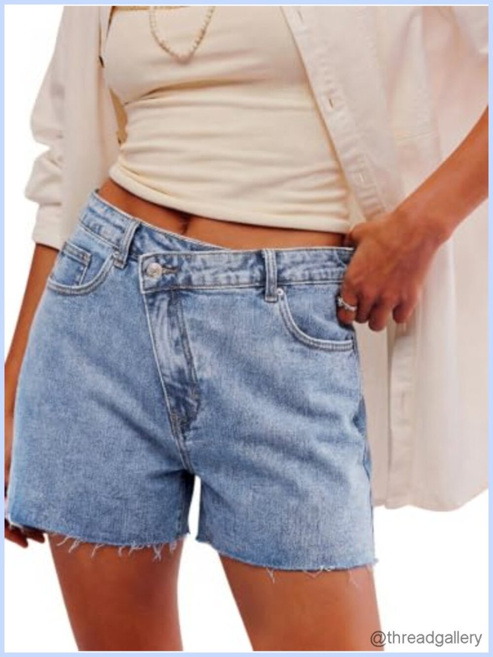 Stretchy High Waisted Crossover Frayed Raw Hem Denim Jean Shorts